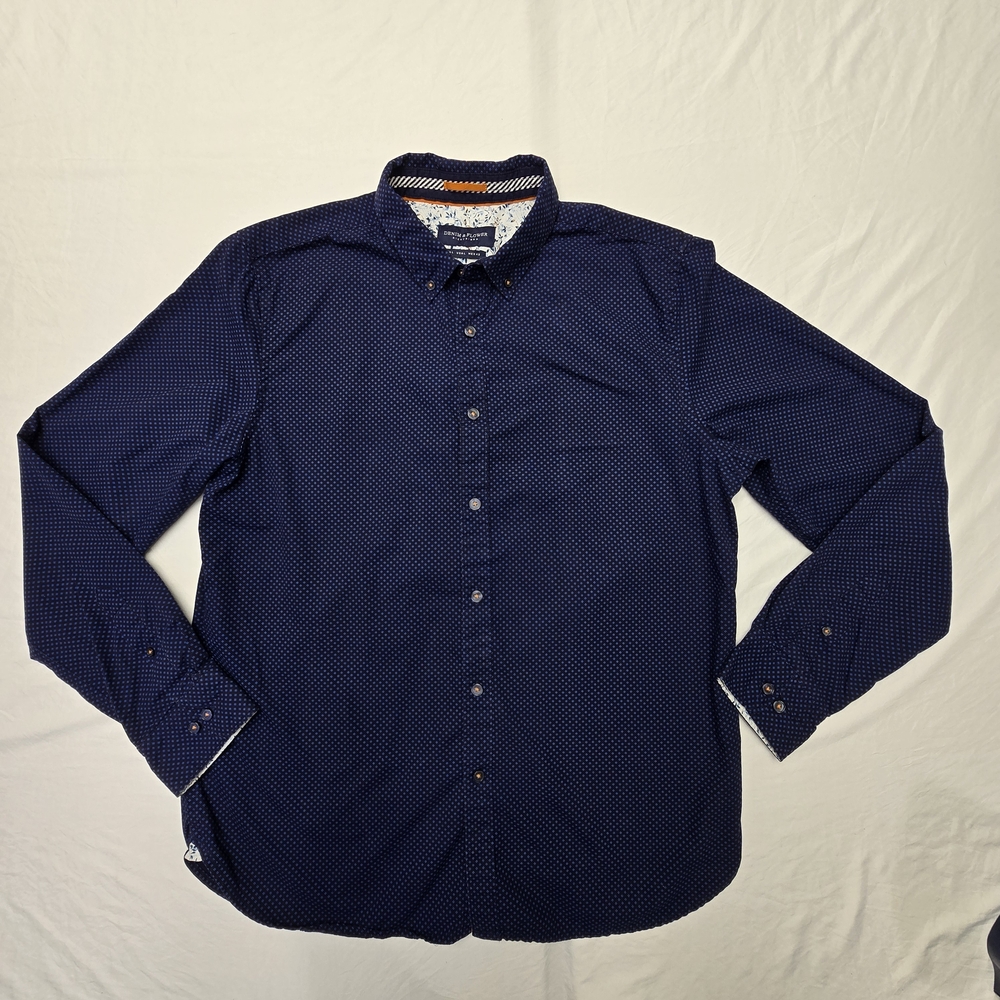 Denim & Flower Large Dark Blue Geometric Mens Long Sleeve Button Up Shirt [57]